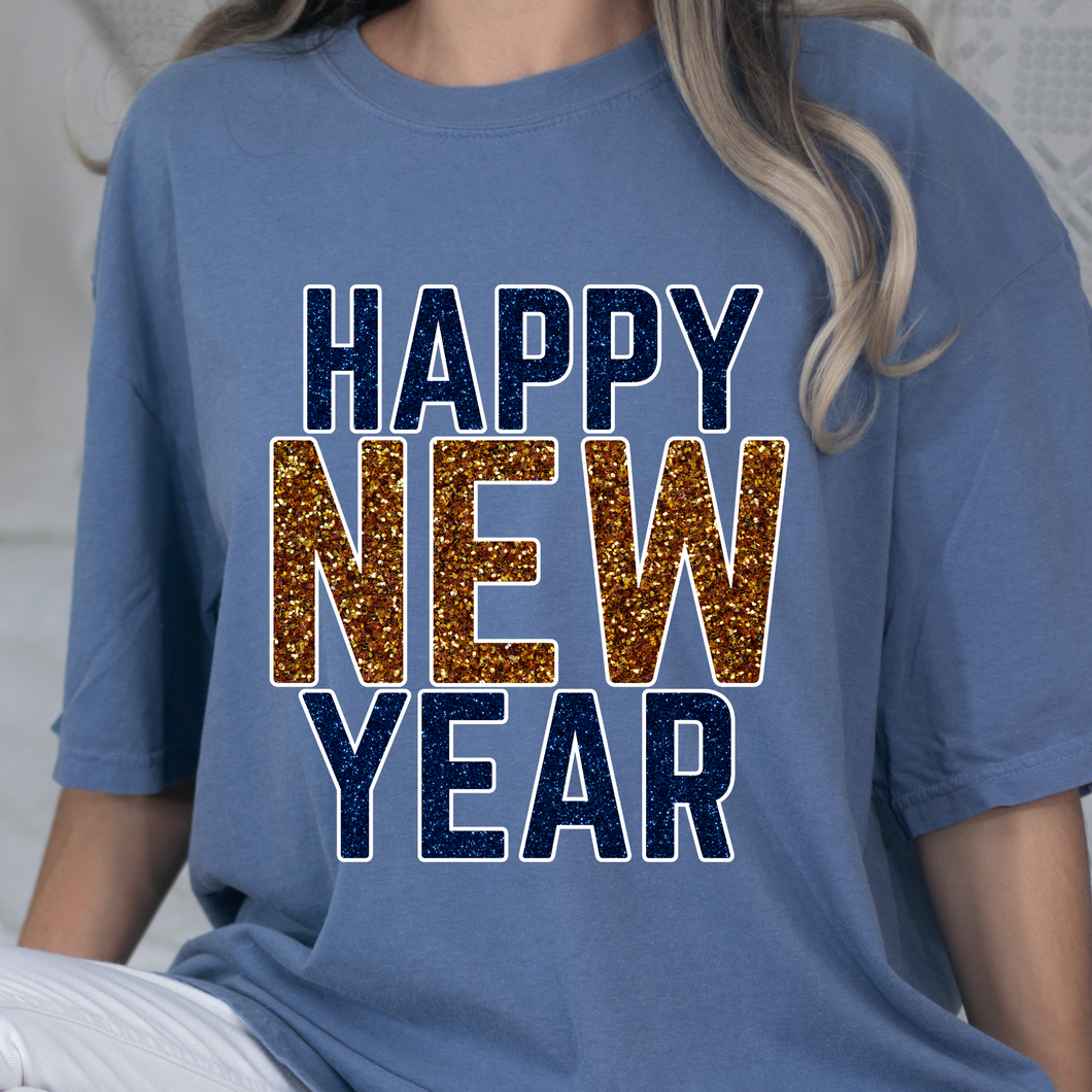Happy New Year- Navy Glitter DTF Print
