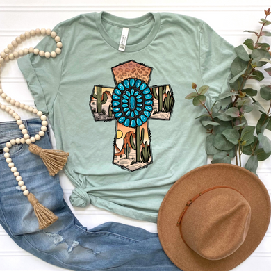 Turquoise Cactus Cross DTF Print
