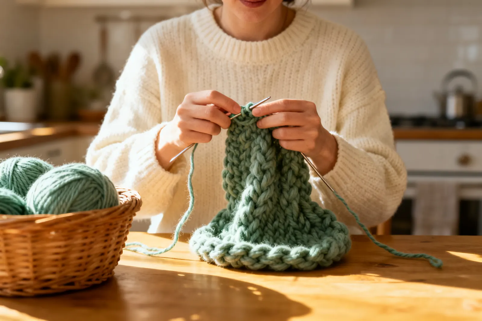 Hands crocheting with sage-green yarn at a sunny kitchen table