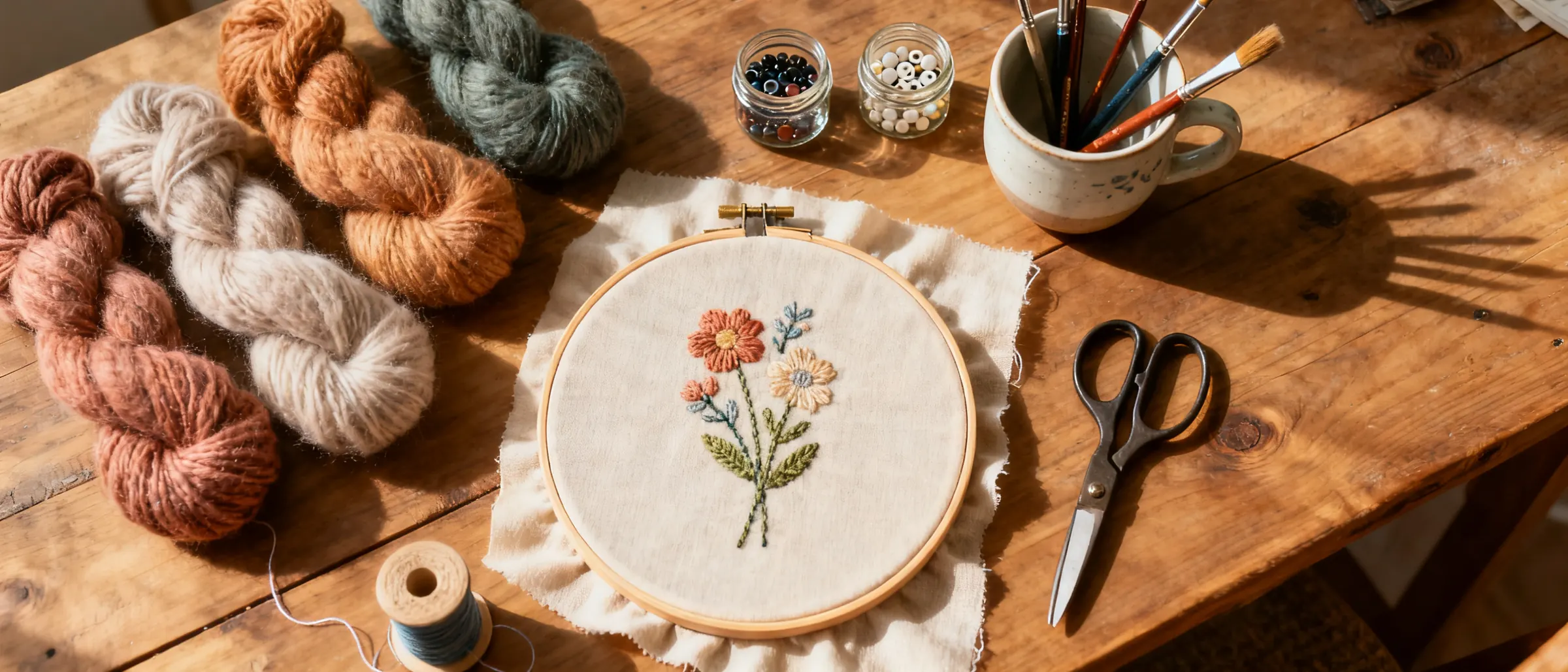 A sunlit craft table with yarn, an embroidery hoop, beads and paint brushes