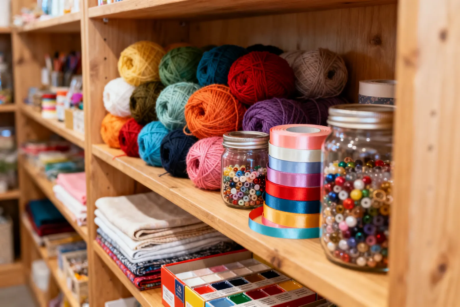 Shelves of yarn, ribbon, beads, fabric and paints sorted by colour